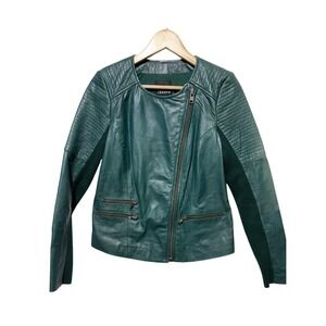 Trouve Emerald Green Leather Moto Jacket Quilted Shoulder Asymmetrical Zip S